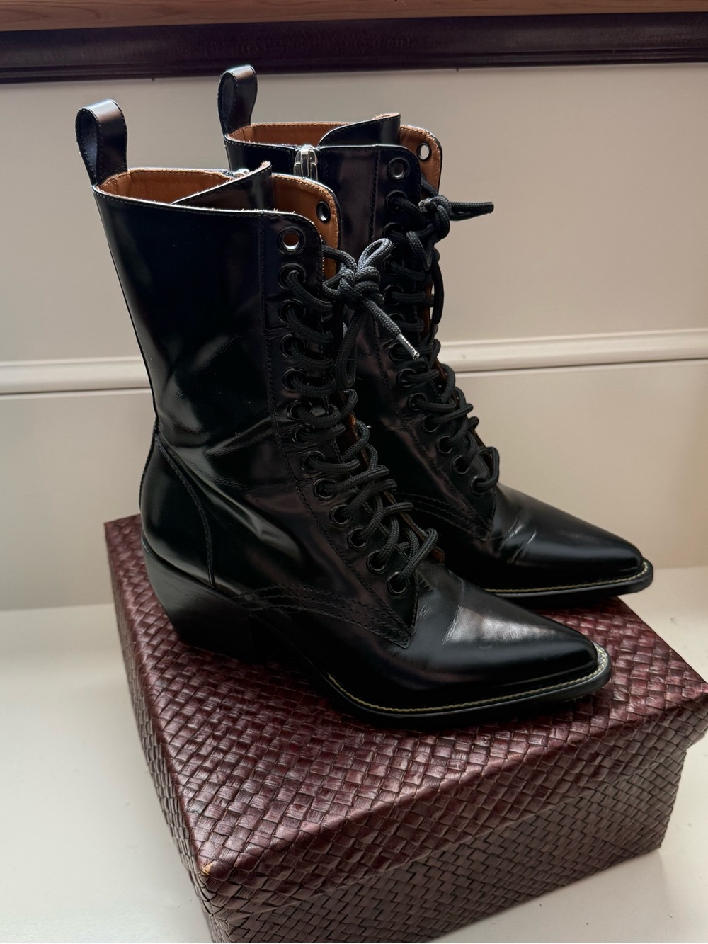 Chloe Black Lace-Up Mid-Calf Leather Boots - Picture 2 of 7